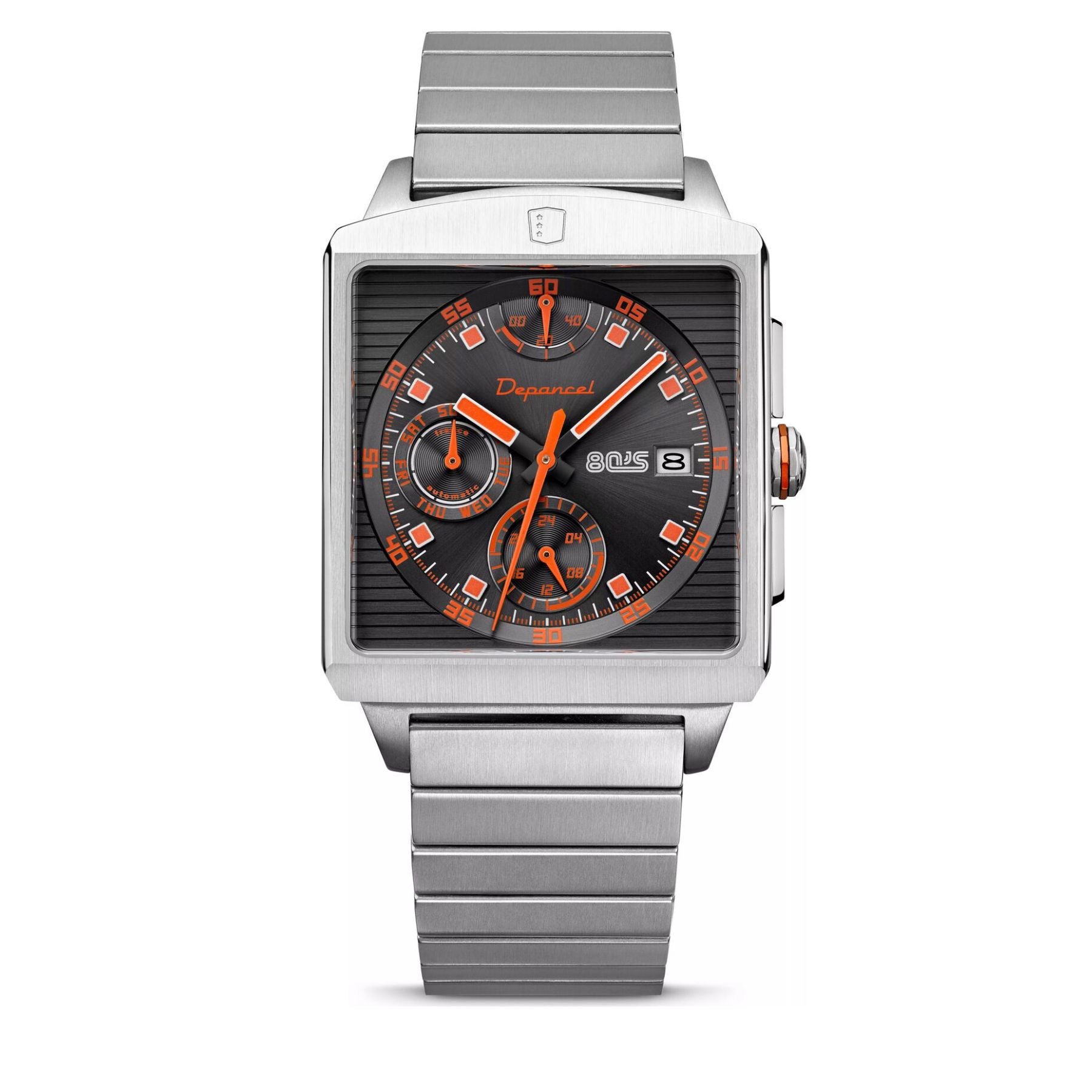 Montre homme française carrée mécanique automatique Série-R  avec un mouvement automatique un verre en saphir, acier inoxydable, dimensions : 43 x 36mm, étanche à 50 m / 5 ATM. Assemblée et réglée par nos horlogers français, garantie 5 ans