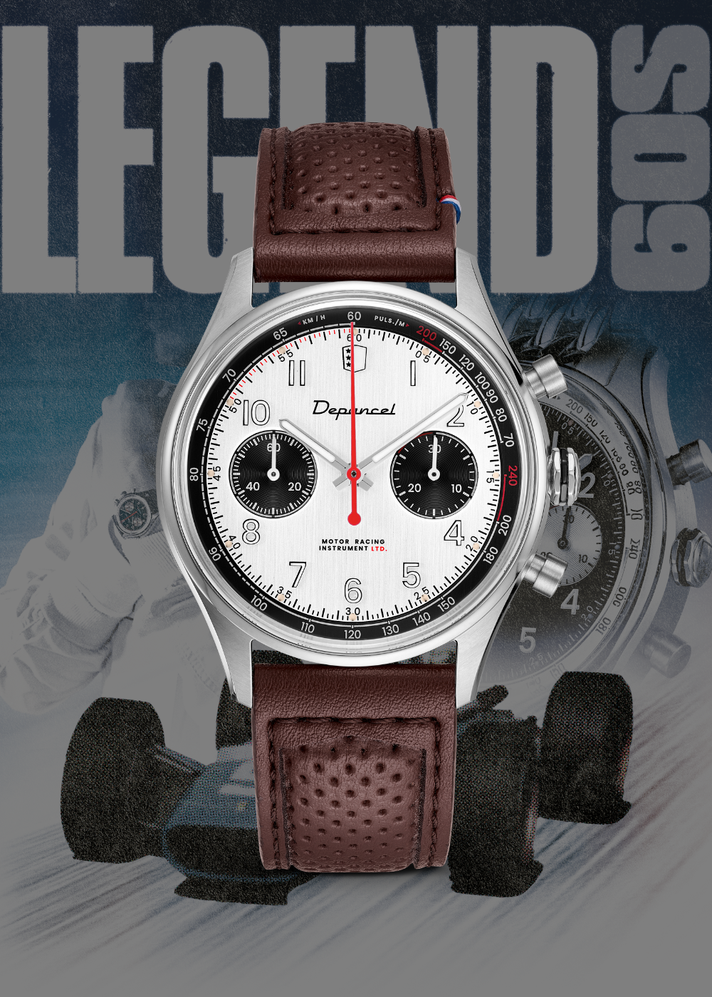 la montre chronographe manuel Depancel Allure legend 60s panda sur un poster de formule 1 des années 60