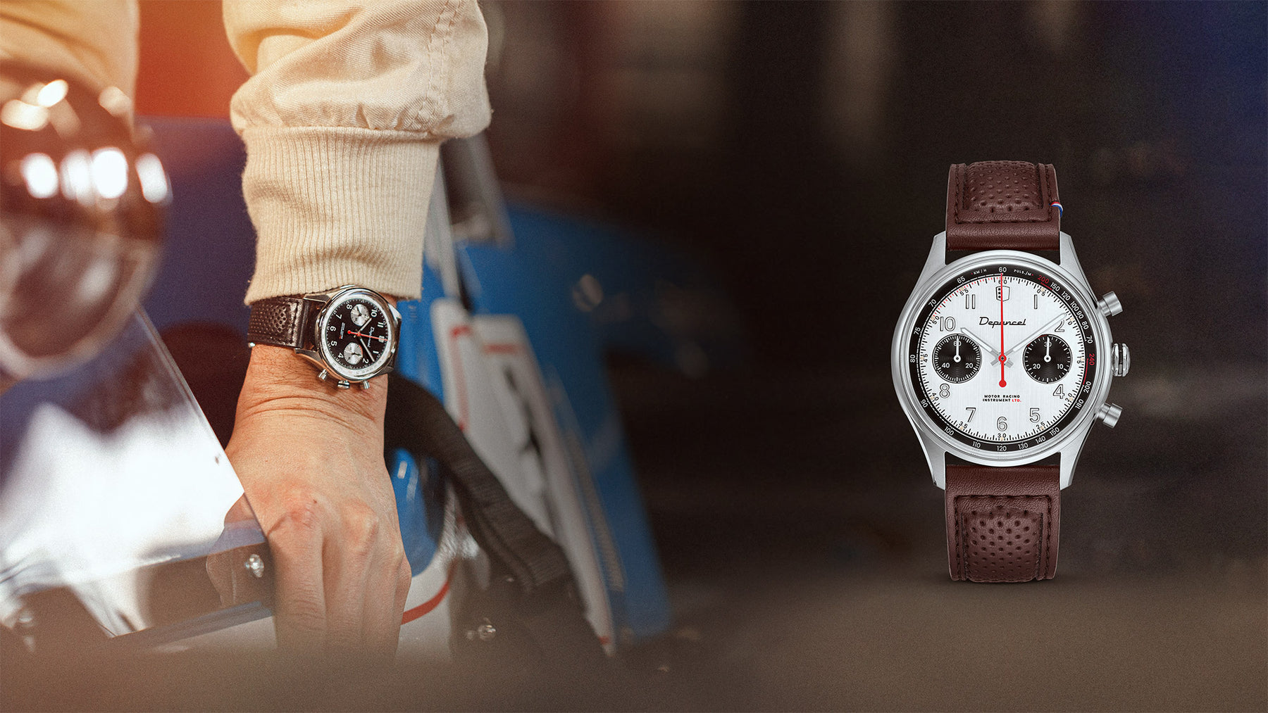 la montre Depancel Allure legend 60s panda à droite d'un pilote de course automobile qui rentre dans sa formule 1 avec la montre au poignet