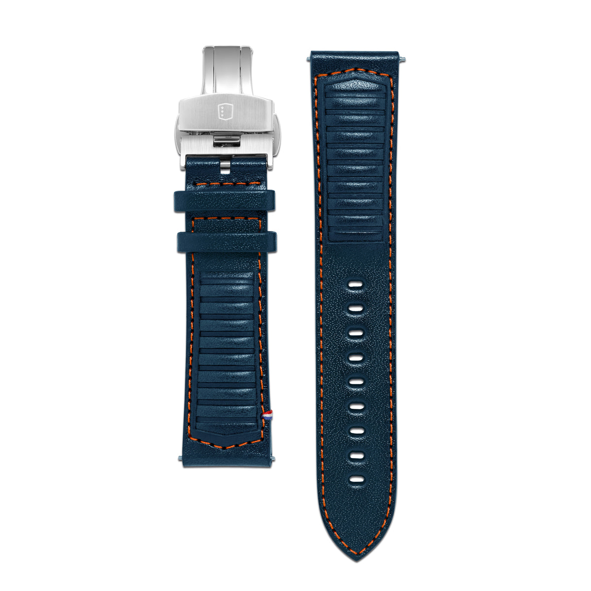 Bracelet Cuir - Driving Bleu surpiqûre Orange - 22mm