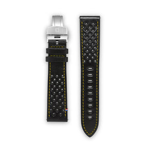 Bracelet Cuir - Racing Noir surpiqûre Jaune - 22mm