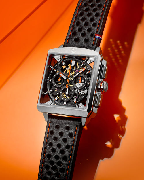 The skeleton chronograph in three-quarter view.