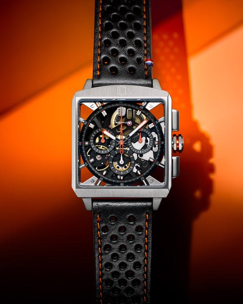 Straight-on view of the openworked chronograph dial.
